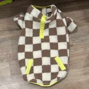 Cozy Checkerboard Sherpa Dog Pullover - Brown & Cream with Yellow Trim